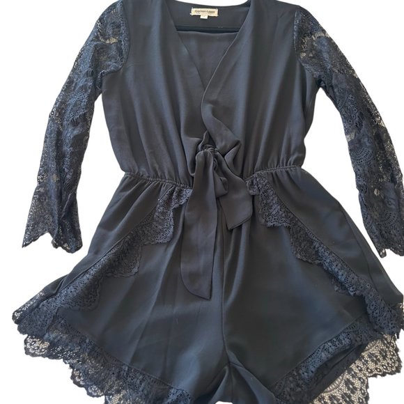 Cotton Candy Pants - Cotton Candy Black Lace Romper with bell sleeve. Size Small.  007